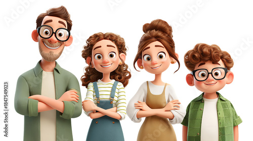 A heartwarmingly close cartoon family smiling together with arms crossed against a solid black on transparent background