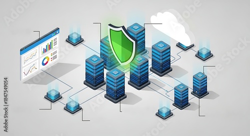 Isometric cloud network security illustration ariel view. cloud servers, firewall shield and data nodes