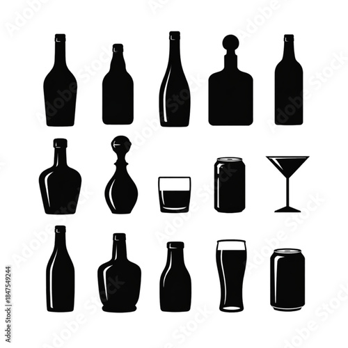 Beverage Bottle and Glass Silhouettes on white background.