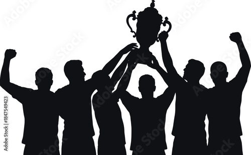 Football team lifting championship trophy silhouette, victorious soccer players celebrating win, success teamwork sports illustration for competition themes