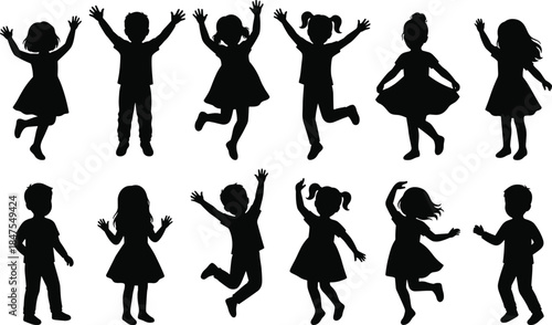 Happy children silhouettes jumping and dancing together, playful kids activity, childhood joy, education concept, isolated vector illustration