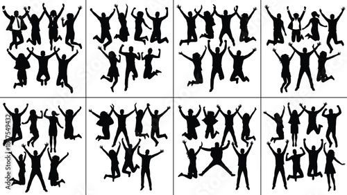 Happy business people jumping silhouettes collection showing success, teamwork, celebration and energetic group moments isolated on white background illustration