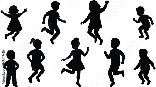 Happy kids jumping silhouettes collection showing playful children activity, joy, energy and fun moments isolated on white background illustration