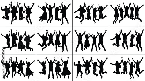 Happy people jumping silhouettes collection showing celebration, teamwork, joy and freedom moments isolated on white background illustration for lifestyle design