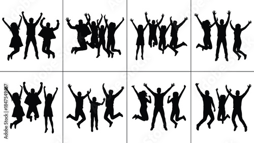 Happy people jumping silhouettes grid showing joyful celebration, teamwork, freedom and energetic group moments isolated on white background illustration