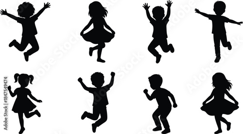 Kids jumping silhouettes set showing playful children energy, happy childhood moments, isolated black figures on white background illustration design