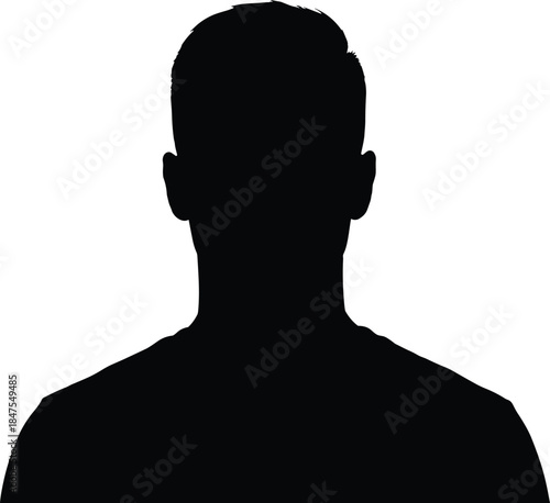Man head silhouette portrait, male profile avatar icon, anonymous human face, black shadow outline, isolated minimalist vector illustration design