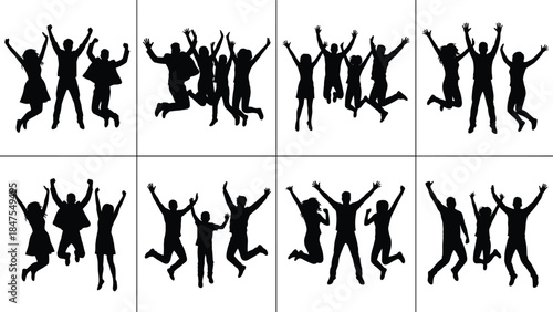 Happy people jumping silhouettes set showing celebration, freedom, teamwork and joy isolated on white background illustration for social lifestyle design