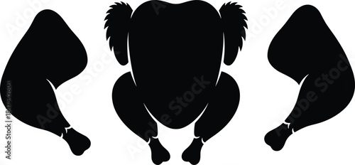 Raw chicken meat silhouettes set, whole poultry and legs, butcher food cuts, isolated black vector illustration for packaging design