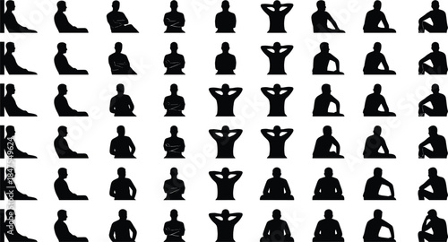 Seated men silhouettes collection showing multiple sitting poses, relaxed posture and waiting positions isolated on white background illustration design set