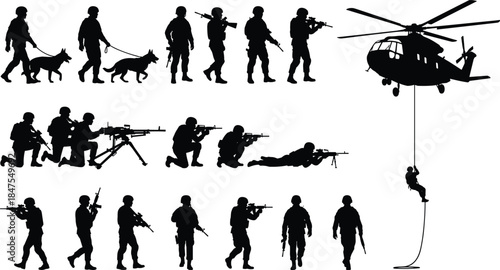 Special forces military soldier silhouettes with weapons, K9 unit, combat poses, helicopter fast rope insertion, tactical army vector set