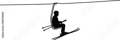 Skier chairlift silhouette illustration, winter sports cable lift scene, minimalist black alpine skiing concept for travel adventure and recreation