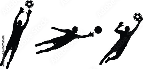 Soccer goalkeeper action silhouettes, flying goalkeepers catching football, dynamic sports illustration set for football training competition and athletic design
