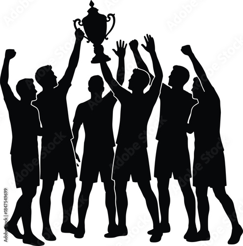 Soccer team victory silhouette, football players celebrating trophy win, championship success concept illustration for sports competition and teamwork