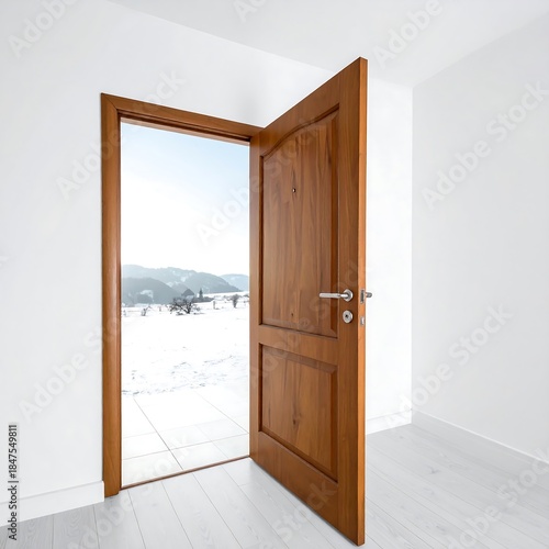 Open Wooden Door Reveals a Serene Snowy Mountain Landscape in Winter