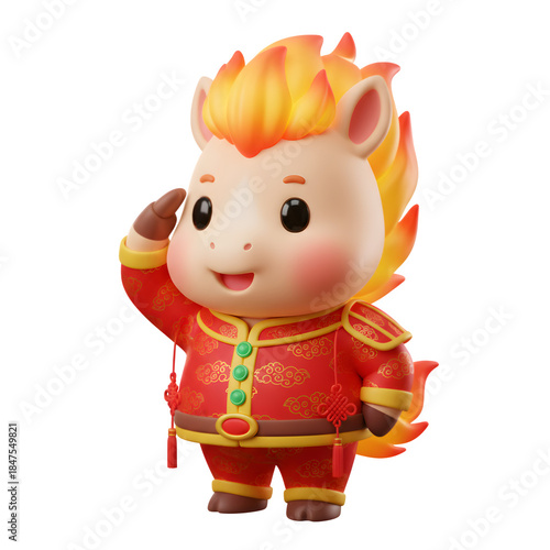 Cute 3D Cartoon Horse Mascot Saluting in Traditional Chinese Outfit for Lunar New Year isolated on a transparent background 