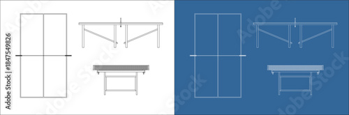 Orthographic Projection Plan of Table Tennis Table Technical Blueprint Layout