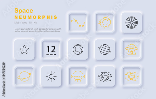 Space set icon. Neumorphic icons display planet, UFO, Earth, orbit, sun, star, galaxy cluster, spaceship window, number twelve, and astronomical symbols in soft layout.