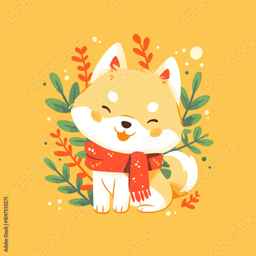 Cute Shiba Inu Dog Wearing Scarf with Autumn Leaves.