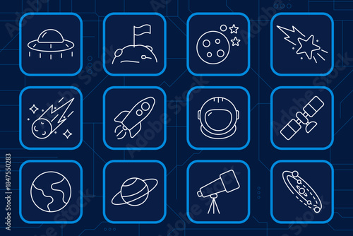 Space and astronomy set icon. Rocket, astronaut, UFO, telescope, Earth, Saturn, moon, stars, satellite, meteor, galaxy, exploration, science.