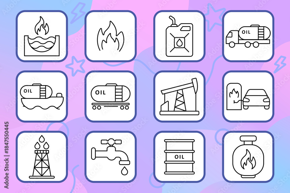 Fototapeta premium Oil set icon. Flame, barrel, refinery, tanker, truck, gas, pipeline, rig, fuel, canister, tap, transportation. Industry, energy, extraction, fuel.