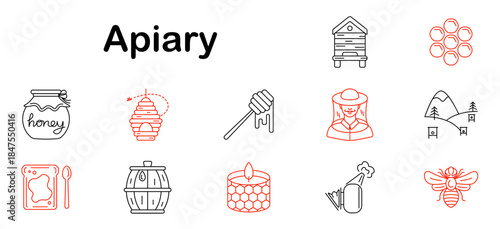 Apiary set icon. Jar, hive, dipper, beekeeper, honeycomb, toast, wax, barrel, bee, mountain farm, smoke, candle, beekeeping, equipment, apiary, tool, nature, production.