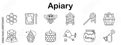 Apiary set icon. Line style elements showing bees, hives, honeycomb, jars, beekeepers, smoker, dipper, and nature symbols from honey farming environments