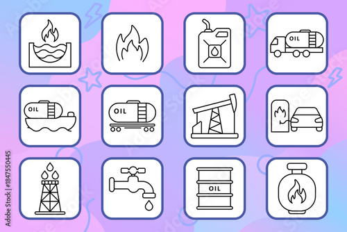 Oil set icon. Flame, barrel, refinery, tanker, truck, gas, pipeline, rig, fuel, canister, tap, transportation. Industry, energy, extraction, fuel.