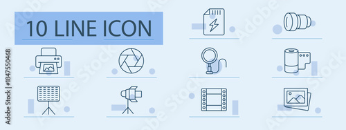 Photography set icon. Line icons showing camera lens, flash card, film roll, studio lights, tripod, photo frame, printer, aperture symbol, spotlight, zoom