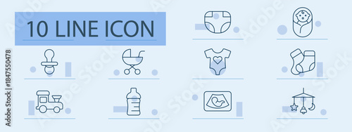 Baby care set icon. Pacifier, stroller, diaper, bottle, toy, clothes, onesie, socks, crib, monitor, parenting, infant, newborn, care, childhood, sleep, comfort, baby