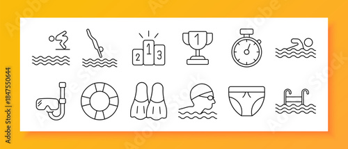 Swimming set icon. Swimmer, pool, stopwatch, trophy, diving, fins, snorkel, goggles, lifebuoy, competition, training, fitness, sport, water, race, lane, athlete, medal, recreation, performance