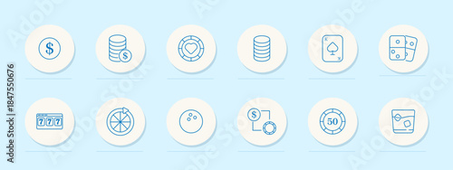 Casino set icon. Coins, chip, heart symbol, cards, dice, slot machine, roulette, bowling, dollar, drink. Gambling, luck, play, bet, prize, spin, entertainment, win, finance, chance.