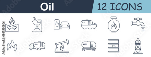 Oil set icon. Fuel tankers, pumpjack, barrels, refinery, jerrycan, flame, gas pump, offshore ship, tap, and droplet symbols in clean industrial outline style.