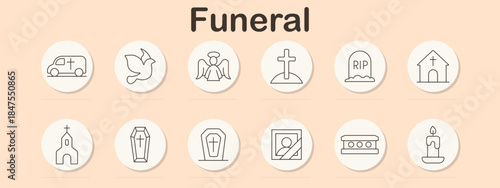 Funeral set icon. Car, dove, angel, cross, tombstone, church, coffin, portrait, urn, candle. Mourning, death, ceremony, religion, grief, goodbye, spiritual, memory, ritual, respect.