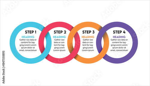 Colorful 4-step flat circular process infographic vector for business workflow, marketing presentations, data visualization, strategy planning, and step-by-step guides