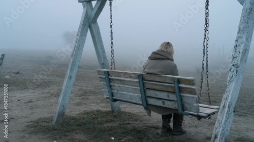 A person sits silently on a weathered timber swing, gazing into the vast misty expanse. This scene projects immense forlornness, profound isolation, and deep sorrow within a cold, desolate setting.