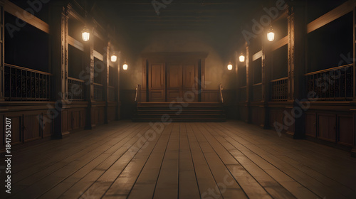 Ultra-realistic cinematic interior of an old wooden hall or stage, empty rustic floorboards in the foreground, dark vintage walls with ornate metal details and railings, warm glowing lantern lights