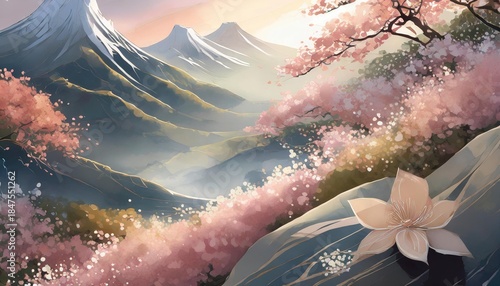 美しい春の桜と美しい和風の山の風景