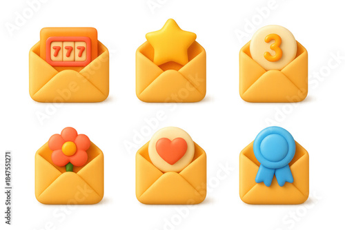 Colorful envelope icon set featuring star, number, flower, heart, and badge for communication and ui design