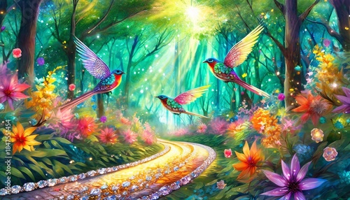 春の森の中にいる美しい鳥の風景