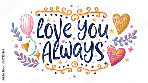 Valentine's day card illustration with love you always text and hearts, balloons, leaves and stars
