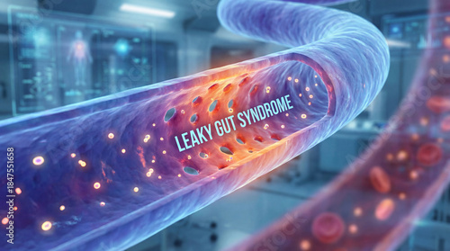Leaky gut syndrome intestinal permeability medical condition education illustration explaining digestive health disorder inflammatory bowel disease treatment prevention nutritional wellness management