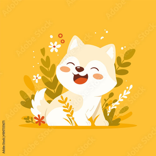 Adorable Happy Puppy Sitting Among Leaves and Flowers on a Sunny Yellow Background.