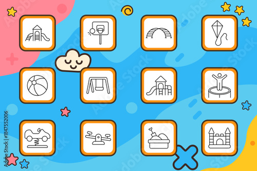 Playground set icon. Slide, trampoline, swing, ball, kite, seesaw, sandpit, ride, hoop, castle, child games for outdoor, fun, recreation, play, entertainment