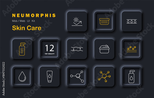 Skin care set icon. Neumorphic style elements with bottles, droppers, cream jars, moisture indicators, molecular diagrams, and skin smoothness symbols