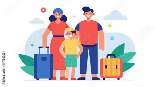Happy family with suitcases preparing for vacation travel adventure together