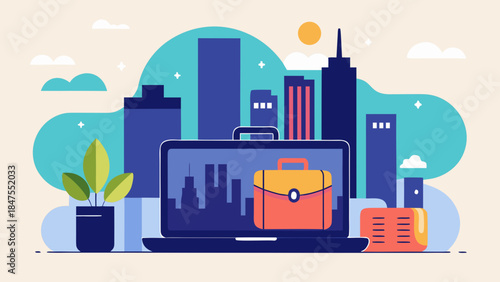 Modern cityscape with laptop, briefcase and office elements symbolizing remote work