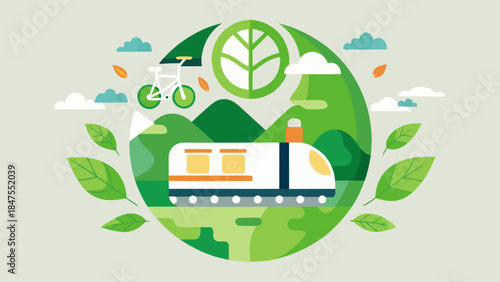 Eco friendly transportation with train, bicycle and green nature in flat style