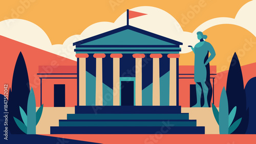 Ancient greek temple with columns and statue in flat minimalistic style