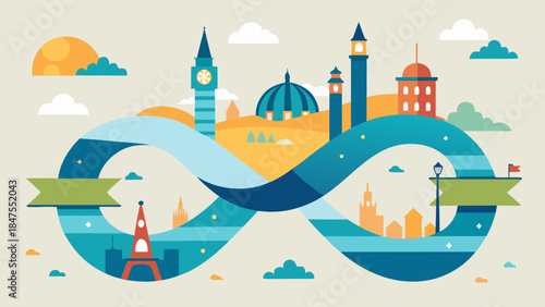 Famous world landmarks connected by infinity loop symbolizing endless travel